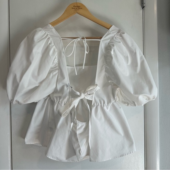 H&M Tie Detail Puff-Sleeved Peplum Blouse. White. Size: Large. - Picture 5 of 7
